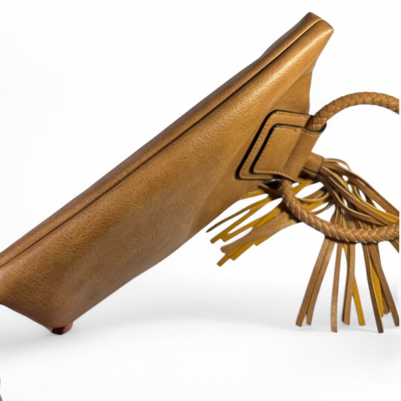 BoHo Vegan Leather Clutch with Braided Cognac Colored Wristlet Handle & Tassels - Picture 6 of 8